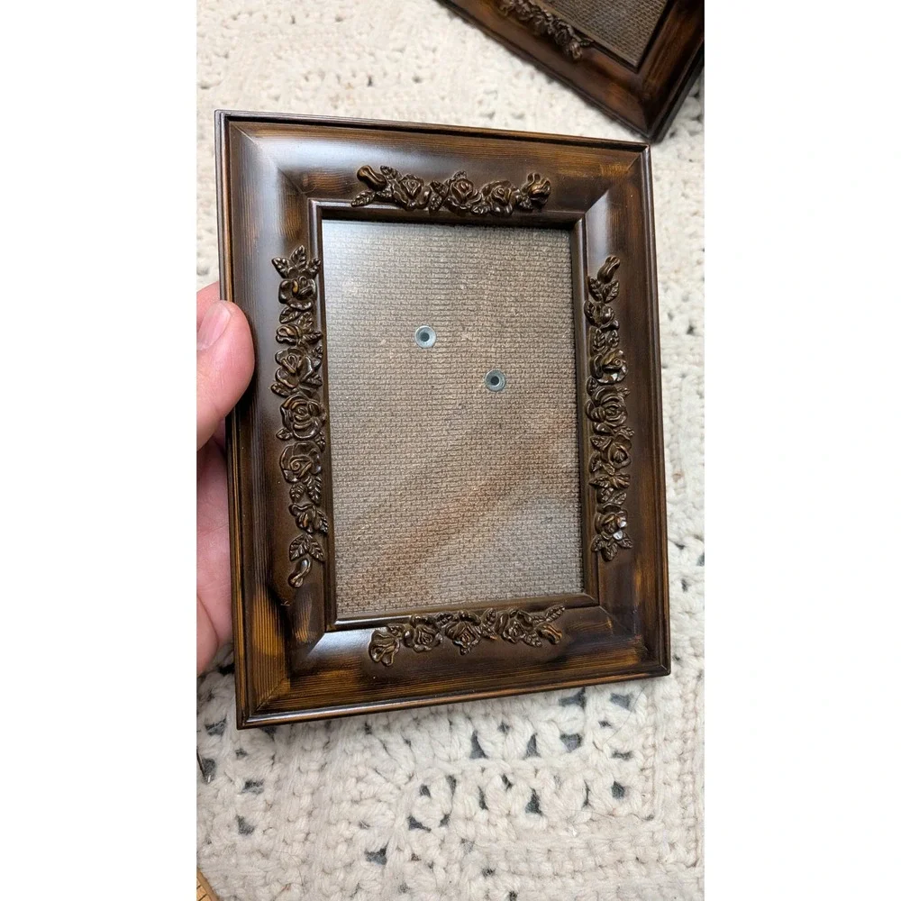 Vintage Rose Floral Picture Frame Set 3pc Dark Faux Wood Finish 2x3 4x6 5x7